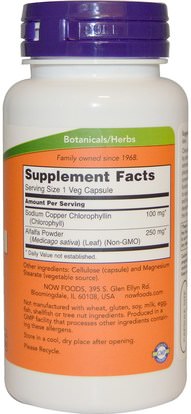 المكملات الغذائية، مزيل العرق الداخلي، البرسيم Now Foods, Chlorophyll, 100 mg, 90 Veggie Caps