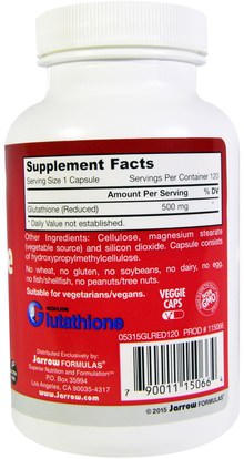 المكملات الغذائية، ل الجلوتاثيون Jarrow Formulas, Glutathione Reduced, 500 mg, 120 Veggie Caps
