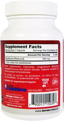 المكملات الغذائية، ل الجلوتاثيون Jarrow Formulas, Glutathione Reduced, 500 mg, 60 Veggie Caps