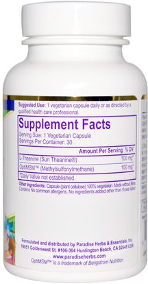 المكملات الغذائية، ل الثيانين Paradise Herbs, Optimized Sun Theanine, 100 mg, 30 Veggie Caps