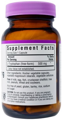 المكملات الغذائية، ل التربتوفان، الأحماض الأمينية Bluebonnet Nutrition, L-Tryptophan, 500 mg, 60 Veggie Caps