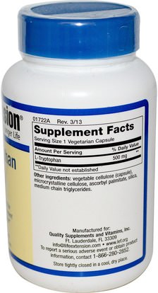 المكملات الغذائية، ل التربتوفان، الأحماض الأمينية Life Extension, L-Tryptophan, 500 mg, 90 Veggie Caps