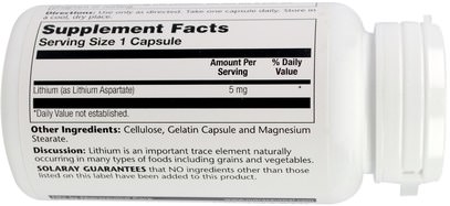 المكملات الغذائية، اسبارتاتي الليثيوم Solaray, Lithium Aspartate, 5 mg, 100 Capsules
