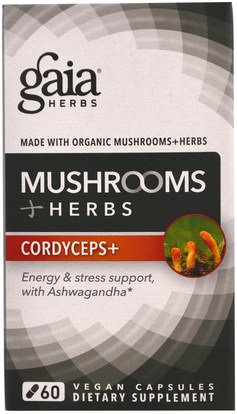 المكملات الغذائية، الفطر الطبية Gaia Herbs, Mushrooms + Herbs, Cordyceps, 60 Veggie Caps