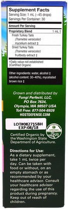 المكملات الغذائية، الفطر الطبية، الدعم المناعي Fungi Perfecti, Host Defense Mushrooms, Organic Turkey Tail Extracts, Immune Support, 1 fl oz (30 ml)