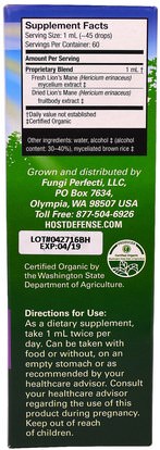 والمكملات الغذائية، والفطر الطبية، والأسود الفطر مين، والصحة Fungi Perfecti, Host Defense Mushrooms, Organic Lions Mane Extract, Memory & Nerve Support, 2 fl oz (60 ml)