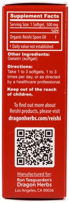 المكملات الغذائية، الفطر الطبية، كبسولات الفطر، أدابتوغين Dragon Herbs, Duanwood Reishi Spore Oil, 500 mg, 30 Softgels
