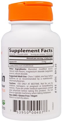 المكملات الغذائية، الميلاتونين 5 ملغ Doctors Best, Melatonin, Natural Mint Flavor, 5 mg, 120 Chewable Tablets