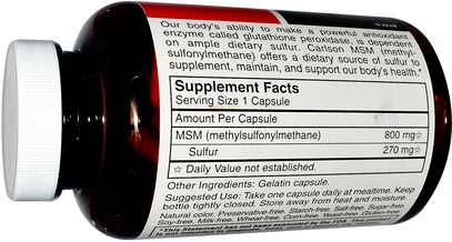 المكملات الغذائية، والمعادن، والتهاب المفاصل Carlson Labs, MSM Sulfur, 1,000 mg, 180 Veggie Caps