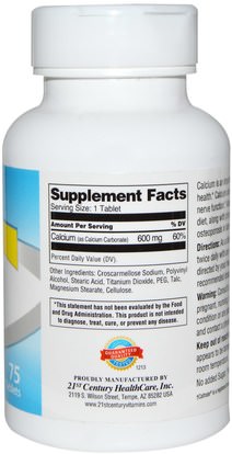 المكملات الغذائية، المعادن، كربونات الكالسيوم 21st Century, Calcium Supplement 600, 75 Tablets