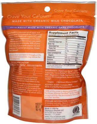 المكملات الغذائية، المعادن، الكالسيوم، الكالسيوم مضغ Adora, Calcium Supplement, Milk Chocolate, 30 Disks