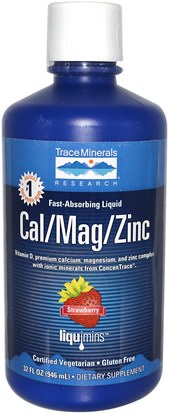 المكملات الغذائية، المعادن، الكالسيوم، الكالسيوم السائل Trace Minerals Research, Fast-Absorbing Liquid, Cal/Mag/Zinc, Strawberry, 32 fl oz (946 ml)