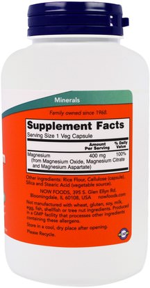والمكملات الغذائية، والمعادن، والكالسيوم والمغنيسيوم Now Foods, Magnesium Caps, 400 mg, 180 Veggie Caps