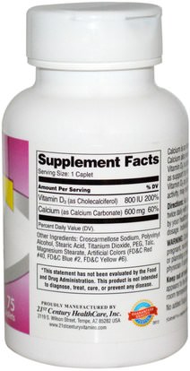 والملاحق، والمعادن، والكالسيوم فيتامين د 21st Century, 600+D3, Calcium Supplement, 75 Caplets