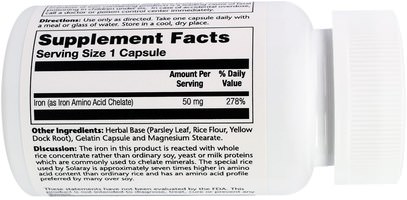 المكملات الغذائية، والمعادن، والحديد Solaray, Iron, 50 mg, 60 Veggie Caps