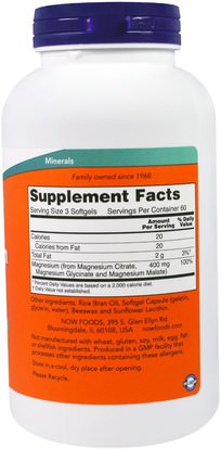 المكملات الغذائية، والمعادن، سيترات المغنيسيوم Now Foods, Magnesium Citrate, 180 Softgels