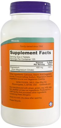المكملات الغذائية، والمعادن، سيترات المغنيسيوم Now Foods, Magnesium Citrate, 200 mg, 250 Tablets