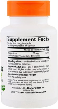 والمكملات الغذائية، والمعادن، والمغنيسيوم، والصحة، واضطراب نقص الانتباه، إضافة، أدهد، الدماغ Doctors Best, Brain Magnesium with Magtein, 75 mg, 60 Veggie Caps