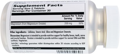المكملات الغذائية، المعادن، المغنيسيوم KAL, Magnesium Orotate, 200 mg, 60 Tablets