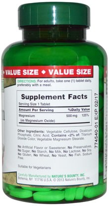 المكملات الغذائية، المعادن، أكسيد المغنيسيوم Natures Bounty, Magnesium, High Potency, 500 mg, 200 Coated Tablets
