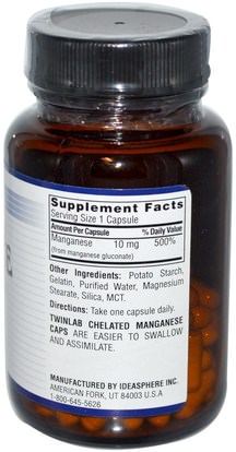 المكملات الغذائية، المعادن، المنغنيز Twinlab, Manganese, 10 mg, 100 Capsules