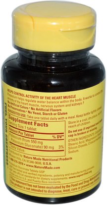 المكملات الغذائية، المعادن، غلوكونات البوتاسيوم Nature Made, Potassium Gluconate, 550 mg, 100 Tablets