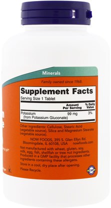 المكملات الغذائية، المعادن، غلوكونات البوتاسيوم Now Foods, Potassium Gluconate, 99 mg, 250 Tablets