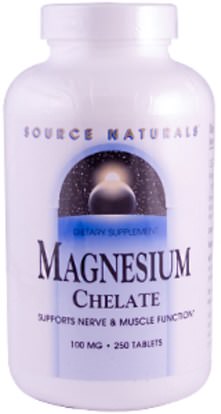 والملاحق، والمعادن Source Naturals, Magnesium Chelate, 100 mg, 250 Tablets