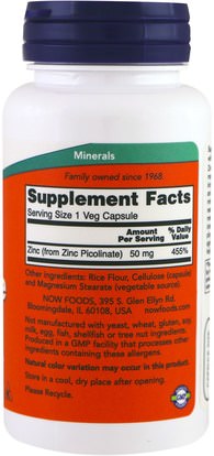 المكملات الغذائية، المعادن، الزنك Now Foods, Zinc Picolinate, 50 mg, 120 Veg Capsules