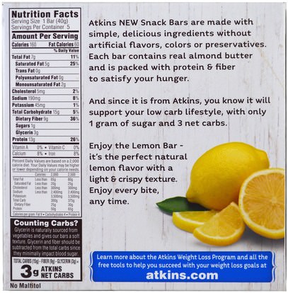 المكملات الغذائية، الحانات الغذائية Atkins, Light & Crispy Lemon Bar, 5 Bars, 1.41 oz (40 g) Each