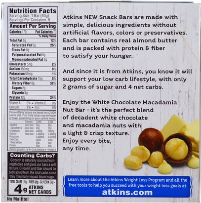 المكملات الغذائية، الحانات الغذائية Atkins, White Chocolate Macadamia Nut Bar, 5 Bars, 1.41 oz (40 g) Each