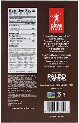 والمكملات الغذائية، والحانات الغذائية، والغذاء Caveman Foods, Nutrition Bars, Dark Chocolate Cherry Nut, 15 Bars, 1.4 oz (40 g) Each