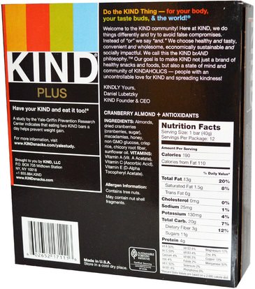 المكملات الغذائية، الحانات الغذائية KIND Bars, Kind Plus, Cranberry Almond + Antioxidants Bars, 12 Bars, 1.4 oz (40 g) Each