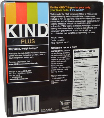 المكملات الغذائية، الحانات الغذائية KIND Bars, Plus, Blueberry Pecan + Fiber, 12 Bars, 1.4 oz (40 g) Each
