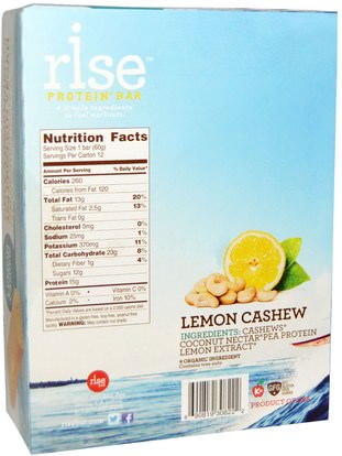 المكملات الغذائية، الحانات الغذائية، أشرطة البروتين Rise Bar, Protein + Bar, Lemon Cashew, 12 Bars, 2.1 oz (60 g) Each