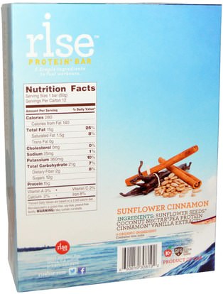 المكملات الغذائية، الحانات الغذائية، أشرطة البروتين Rise Bar, Protein+ Bars, Sunflower Cinnamon, 12 Bars, 2.1 oz (60 g) Each