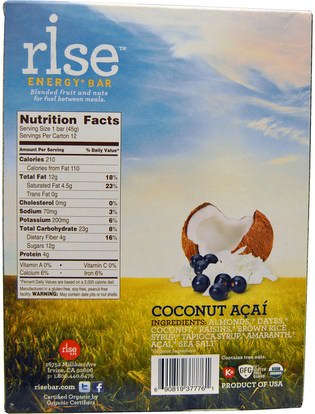 المكملات الغذائية، الحانات الغذائية Rise Bar, Organic, Energy + Bars, Coconut Acai, 12 Bars, 1.6 oz (45 g) Each