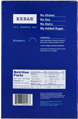 والمكملات الغذائية، والحانات الغذائية، والوجبات الخفيفة RXBAR, Protein Bars, Blueberry, 12 Bars, 1.83 oz (52 g) Each