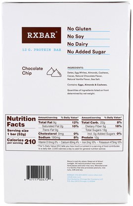 والمكملات الغذائية، والحانات الغذائية، والوجبات الخفيفة RXBAR, Protein Bars, Chocolate Chip, 12 Bars, 1.83 oz (52 g) Each