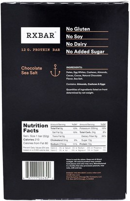 والمكملات الغذائية، والحانات الغذائية، والوجبات الخفيفة RXBAR, Protein Bars, Chocolate Sea Salt, 12 Bars, 1.83 oz (52 g) Each