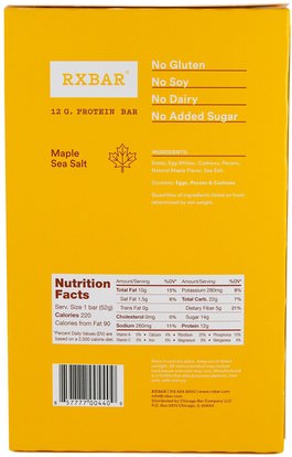 والمكملات الغذائية، والحانات الغذائية، والوجبات الخفيفة RXBAR, Protein Bars, Maple Sea Salt, 12 Bars, 1.83 oz (52 g) Each