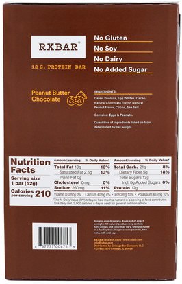 والمكملات الغذائية، والحانات الغذائية، والوجبات الخفيفة RXBAR, Protein Bars, Peanut Butter Chocolate, 12 Bars, 1.83 oz (52 g) Each