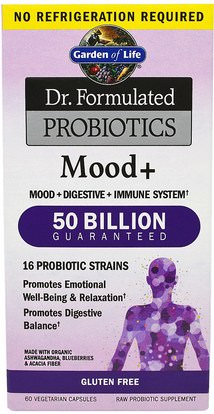 والمكملات الغذائية، البروبيوتيك، ومكافحة الإجهاد دعم المزاج Garden of Life, Dr. Formulated Probiotics, Mood+, 60 Veggie Caps