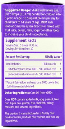 المكملات الغذائية، البروبيوتيك، الأطفال البروبيوتيك MRM, Kids Probiotic Drops, 0.34 fl oz (10 ml)