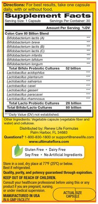 المكملات الغذائية، البروبيوتيك، الهضم، المعدة Renew Life, Colon Care, Ultimate Flora Probiotic, 80 Billion Live Cultures, 30 Vegetable Capsules
