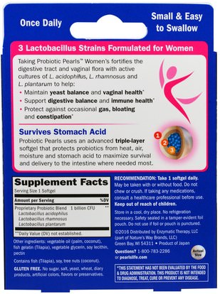 المكملات الغذائية، البروبيوتيك Enzymatic Therapy, Probiotic Pearls Womens, Digestive & Yeast Balance, 30 Softgels
