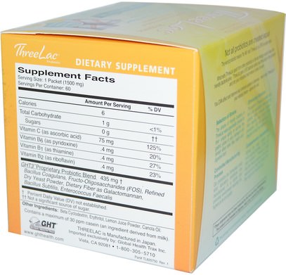 المكملات الغذائية، البروبيوتيك Global Health Trax, ThreeLac Probiotic, Lemon Flavor, 60 Packets.053 oz (1.5 g) Each