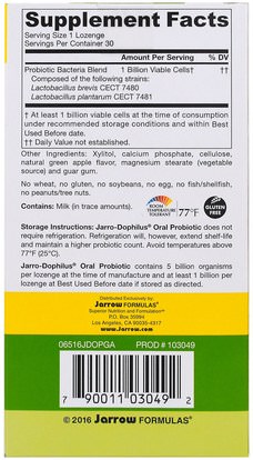 المكملات الغذائية، البروبيوتيك Jarrow Formulas, Jarro-Dophilus Oral Probiotic, 1 Billion, Natural Green Apple Flavor, 30 Lozenges
