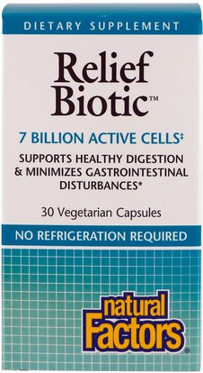 المكملات الغذائية، البروبيوتيك Natural Factors, ReliefBiotic, 7 Billion Active Cells, 30 Vegetarian Capsules