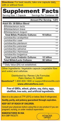 المكملات الغذائية، البروبيوتيك Renew Life, Adult 50+, Ultimate Flora Probiotic, 30 Billion Live Cultures, 60 Vegetable Capsules
